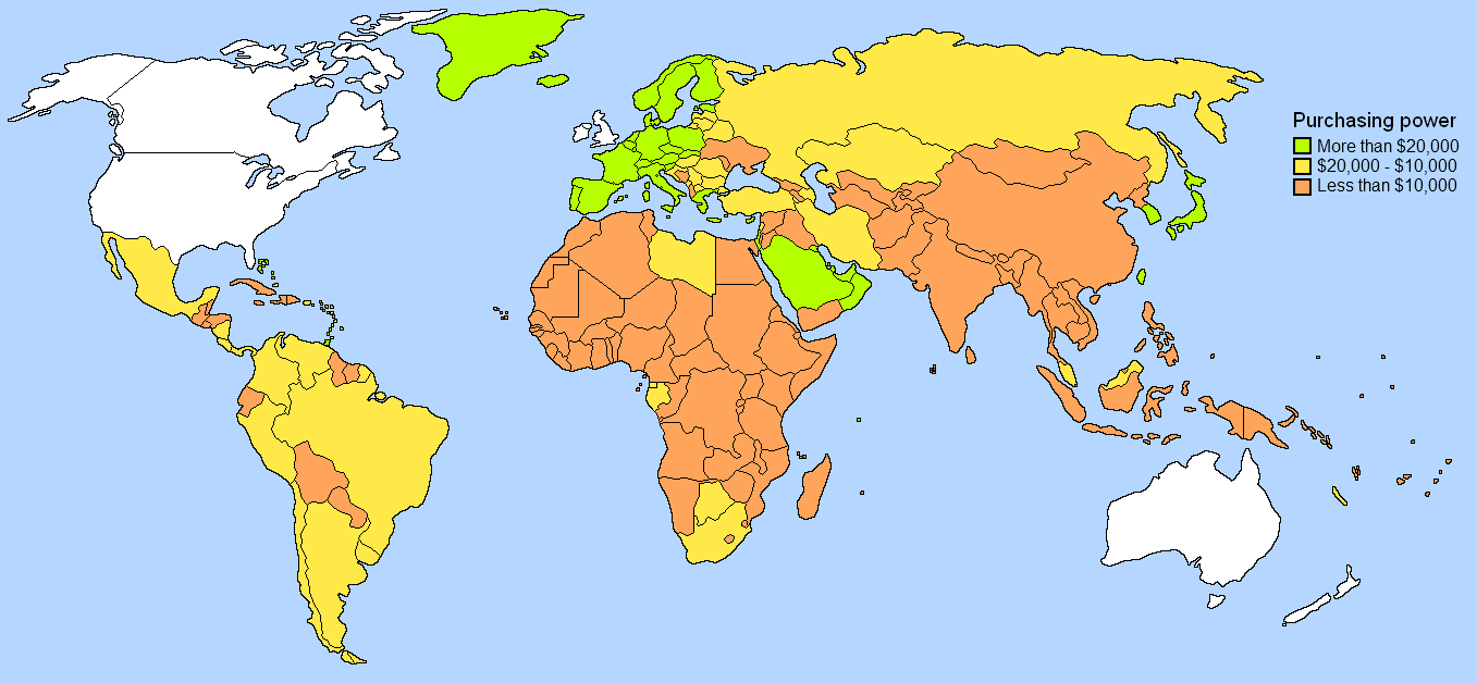 World map coloured by purchasing power: orange below $10,000, yellow $10,000 to $20,000, green above $20,000 a year